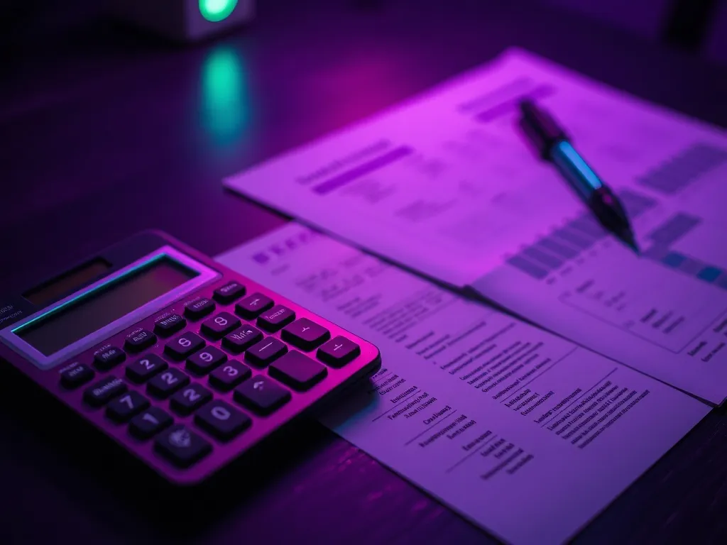 A close up of a calculator and financial documents on a dark