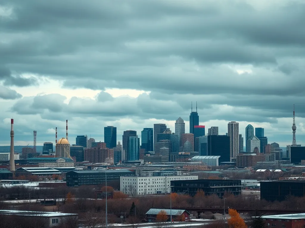 A gritty, realistic wide shot of Edmonton city skyline in la