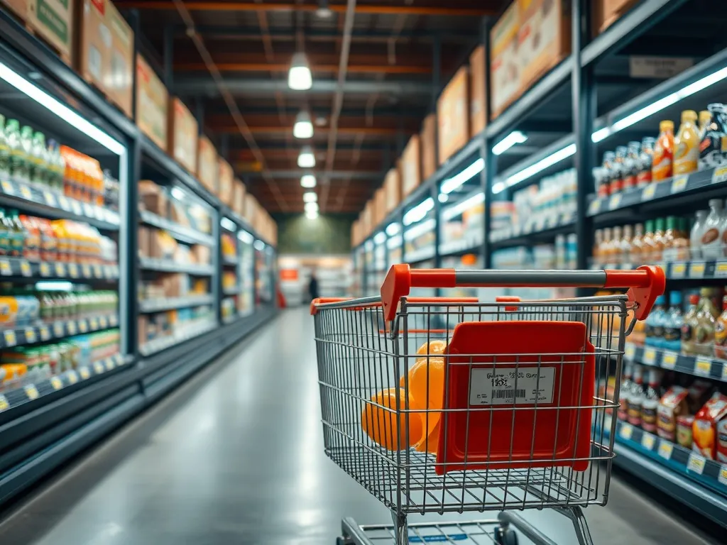A high-contrast photo of a shopping cart in a modern warehou