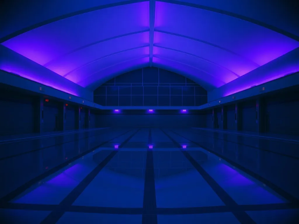 A dark, moody wide shot of an empty indoor swimming pool in